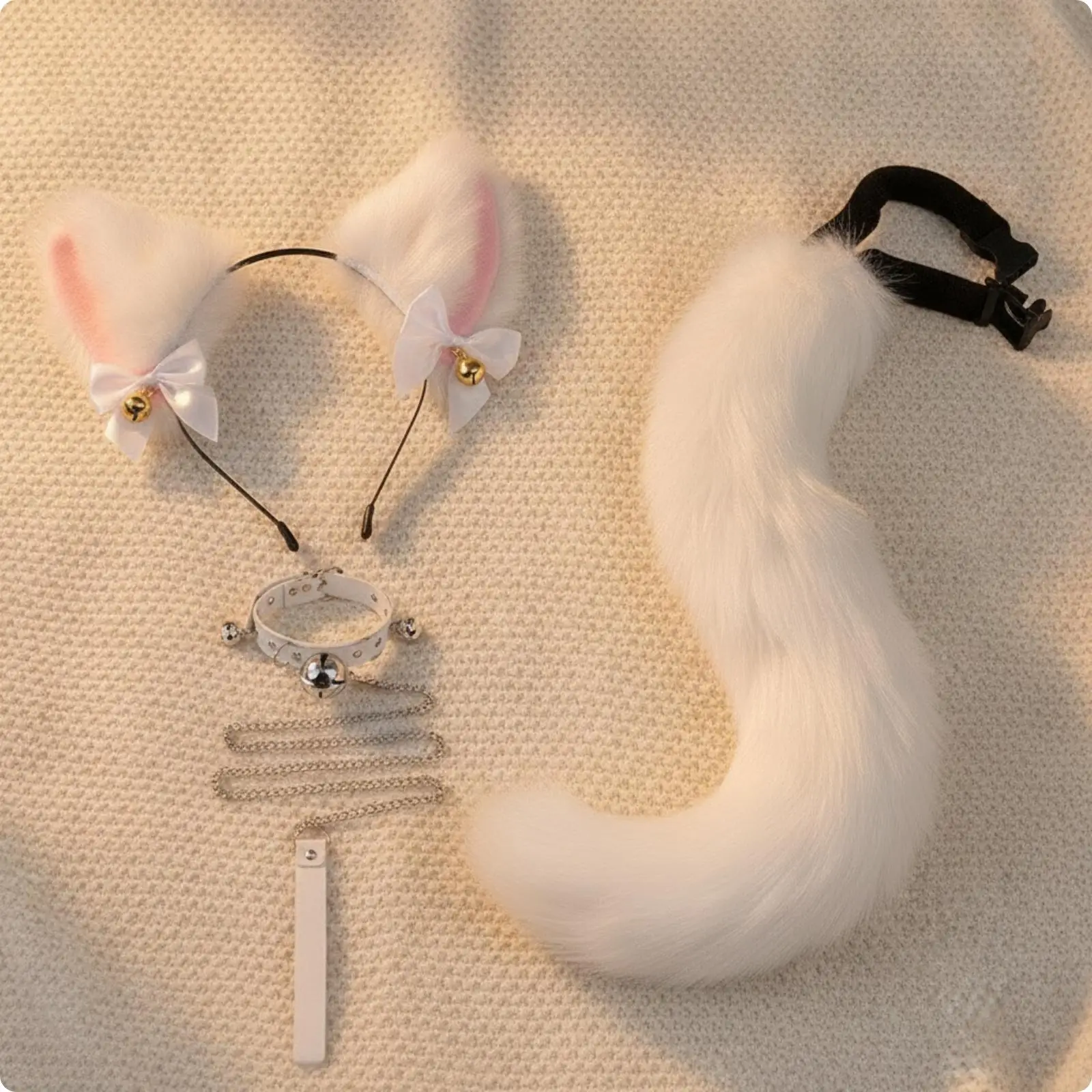 Cat Ear Hairband with Attached Bell Tail Plush Headpiece for Cosplay Conventions Stage Performances Fun Lively Costume