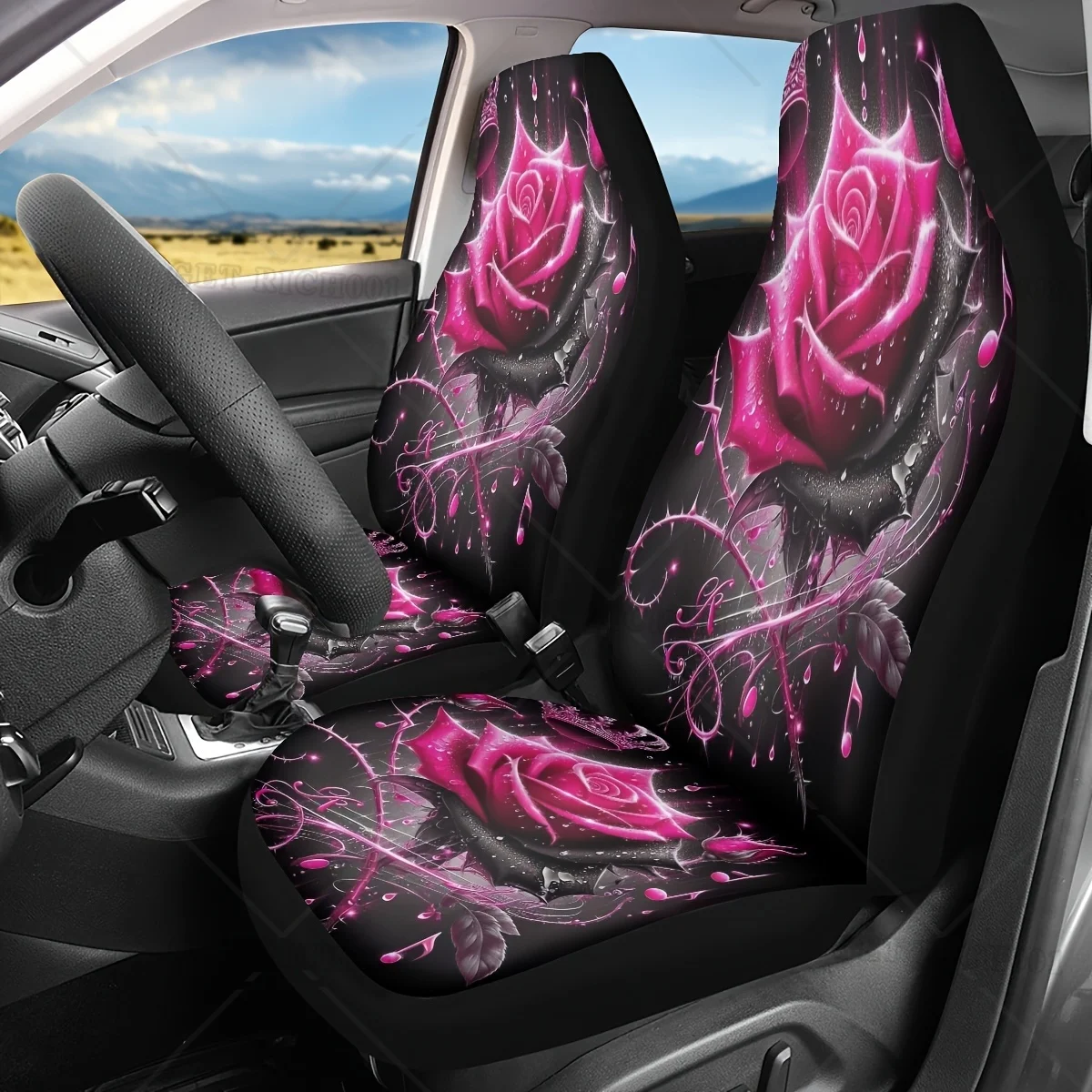 

2pcs Pink Rose Car Seat Covers Elegant Pink Rose Print Car Seat Covers | Universal Front Bucket Seats