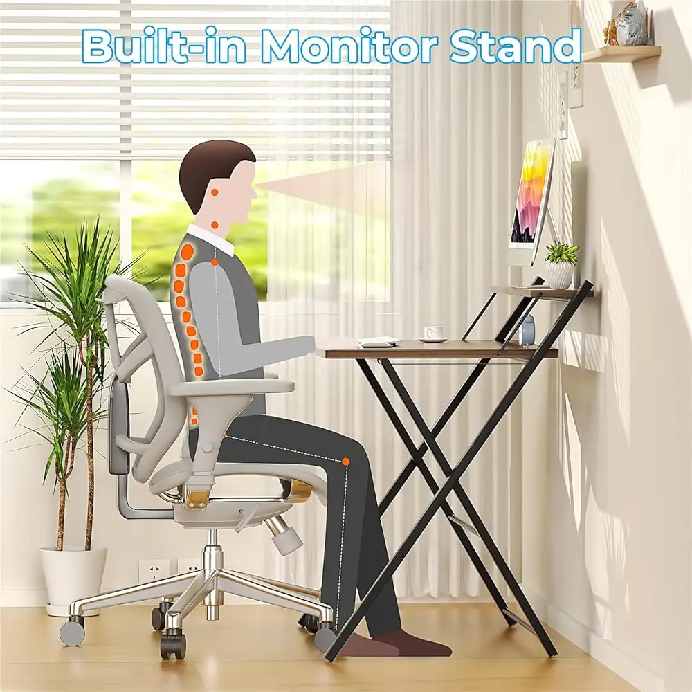 Folding Desk No Assembly Required Small Size, 2-Tier Foldable Computer Desk With Shelf For Home Office, Space Saving Portable