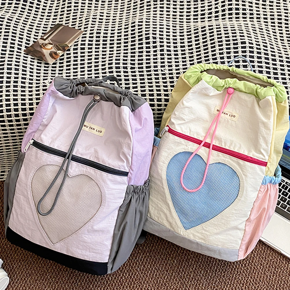 

Backpack for Women Girls Color-Block Bookbag Nylon Drawstring Laptop Backpack Adjustable Strap Rucksack for Travel