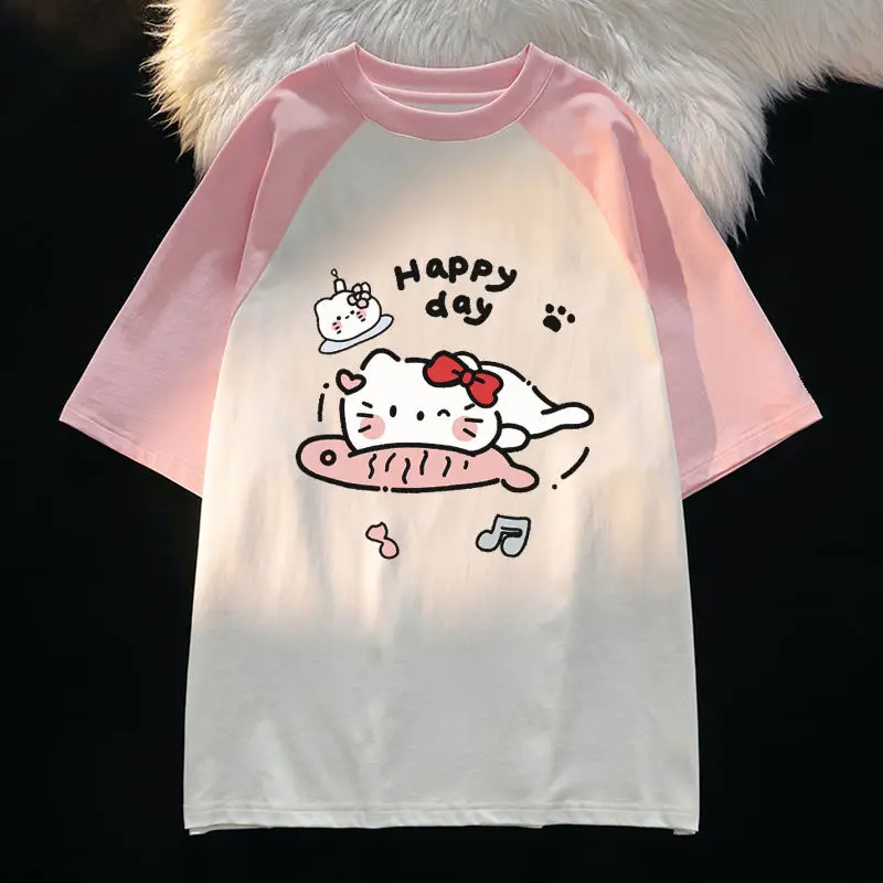 Sanrio เสื้อยืดแขนสั้นคอตตอนแท้สำหรับฤดูร้อนใหม่เสื้อลายการ์ตูนเสื้อแร็กแลนสีตัดกันน่ารักแบบหลวมสำหรับผู้หญิงของขวัญ