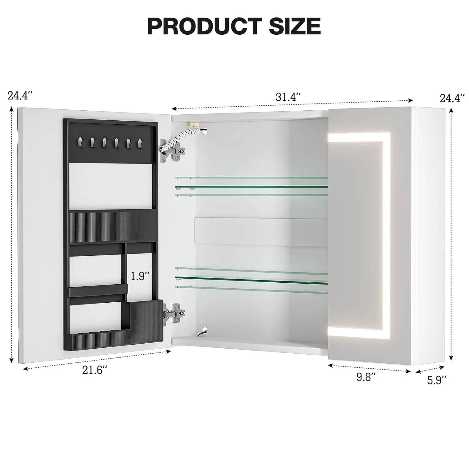 White Medicine Cabinet with Mirror & LED Light, Anti-Fog Dimmable Wall Mounted Tempered Glass, 24