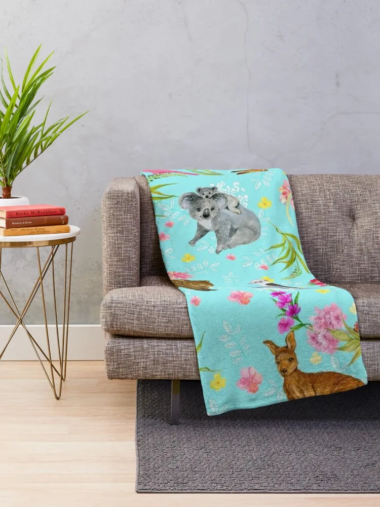 Australian Fauna & Flora (Blue) Throw Blanket Decoratives Warm Blankets