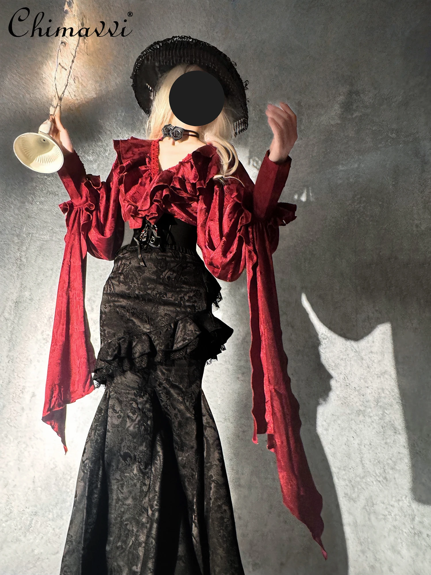 

Весенне-осенняя новая готическая юбка-русалка в стиле Лолиты, рубашка с длинными рукавами, комплект из двух предметов, костюм для субкультуры, темный рождественский наряд в стиле ретро