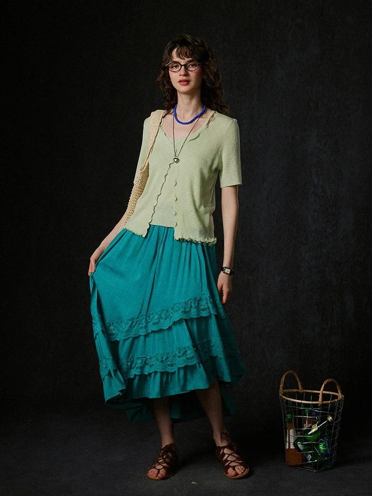 

LITLECOT Green Knitted Cardigan Vest Short Sleeve Women's Two-Piece Set Summer New Style Retro Commute Slim Fit Chinese Origin