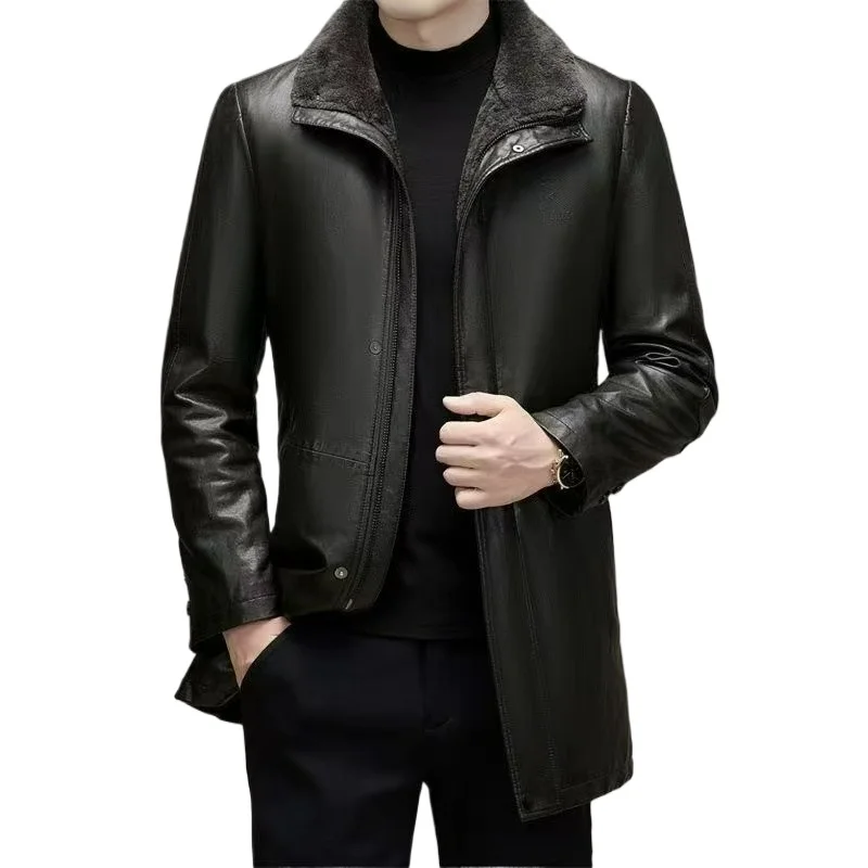 

2026 New Men Fashion Casual Fur Integrated Leather Coat Winter Men Mid-Length Thickened Wool Liner Warm Sheep Leather Jacket