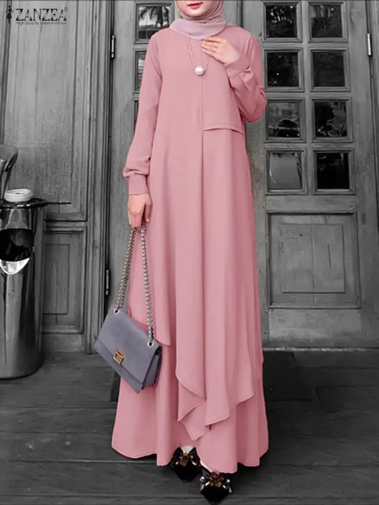 ZANZEA – Abaya musulmane élégante, Robe du Ramadan pour femmes, col rond, manches longues, Robe d'été irrégulière, vêtements islamiques solides, 2026
