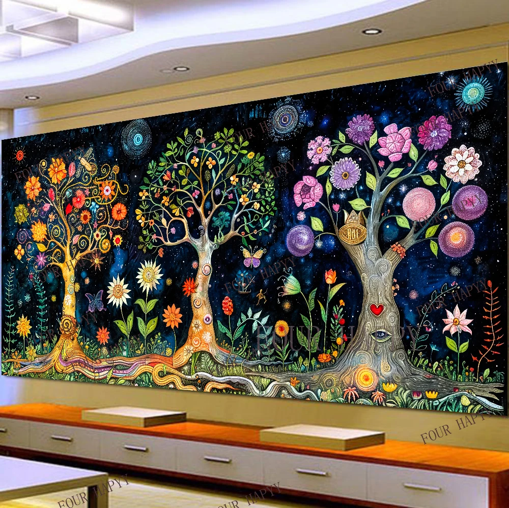 5D DIY Large Diamond Painting Cross Colorful Flower Trees Starry Sky Landscape Wall Art, Full Round Drill, Embroidery Home Decor