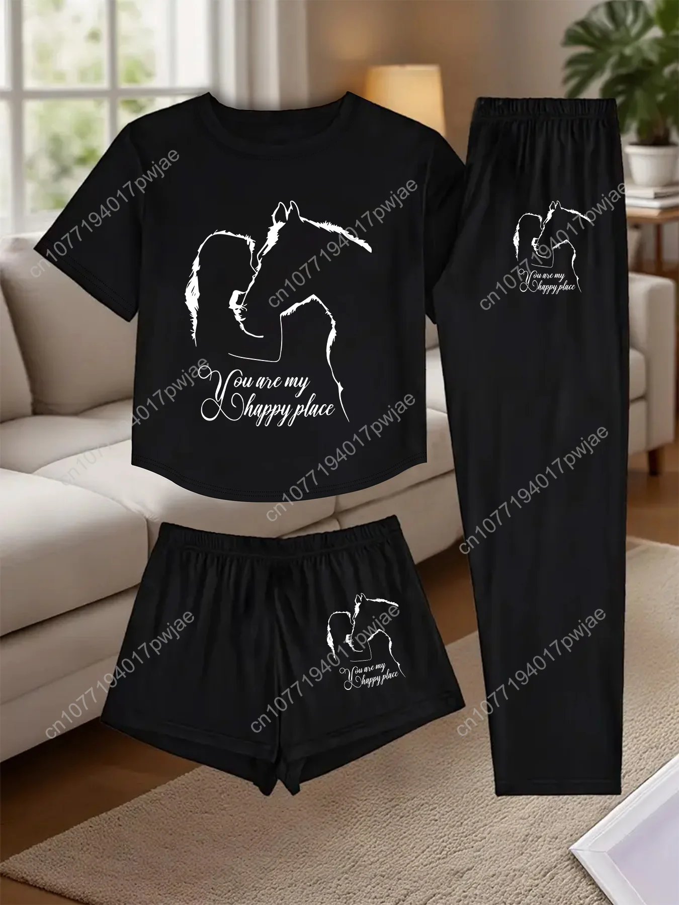 Женский пижамный комплект весны/лета из 3 предметов, пижамы с принтом лошади и всадника, одинаковые шорты, шорты и футболка, мягкий дышащий сон