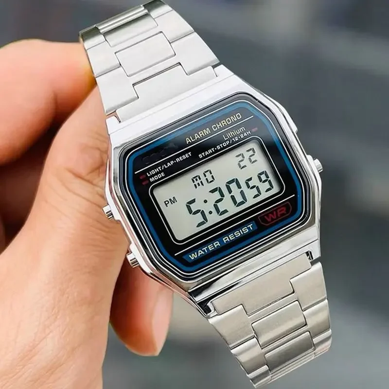 Immagine 7: Orologi di Lusso F91W con Cinturino in Acciaio, Orologio Digitale LED con Bracciale in Acciaio Inossidabile, Orologio Elettronico da Polso per Uomo e Donna