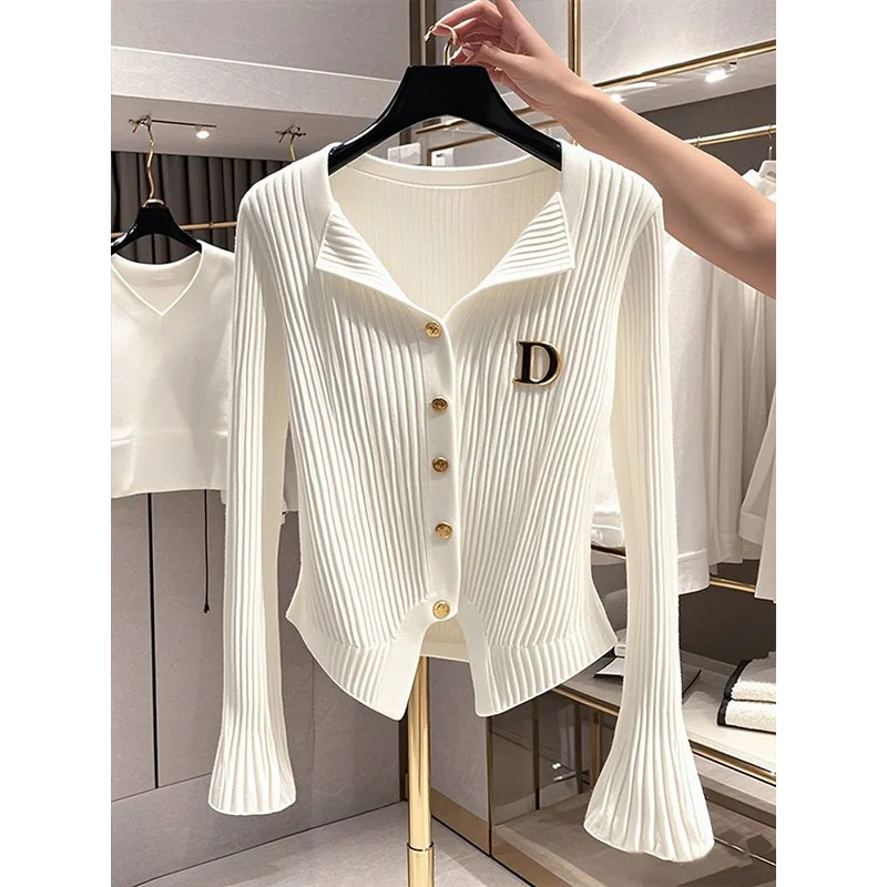 

Autumn Winter New Fashion Letter Jacquard Knitted Cardigan Women Clothing Solid Chic V-neck Flare Sleeve Elastic Slim Sweaters