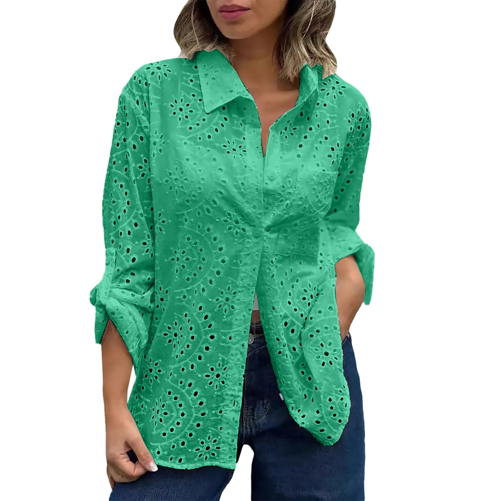 Women\'s Spring And Summer Solid Color Shirt Collar Loose Embroidered Hollow Large Size Shirt Top Teacher Shirts for Women