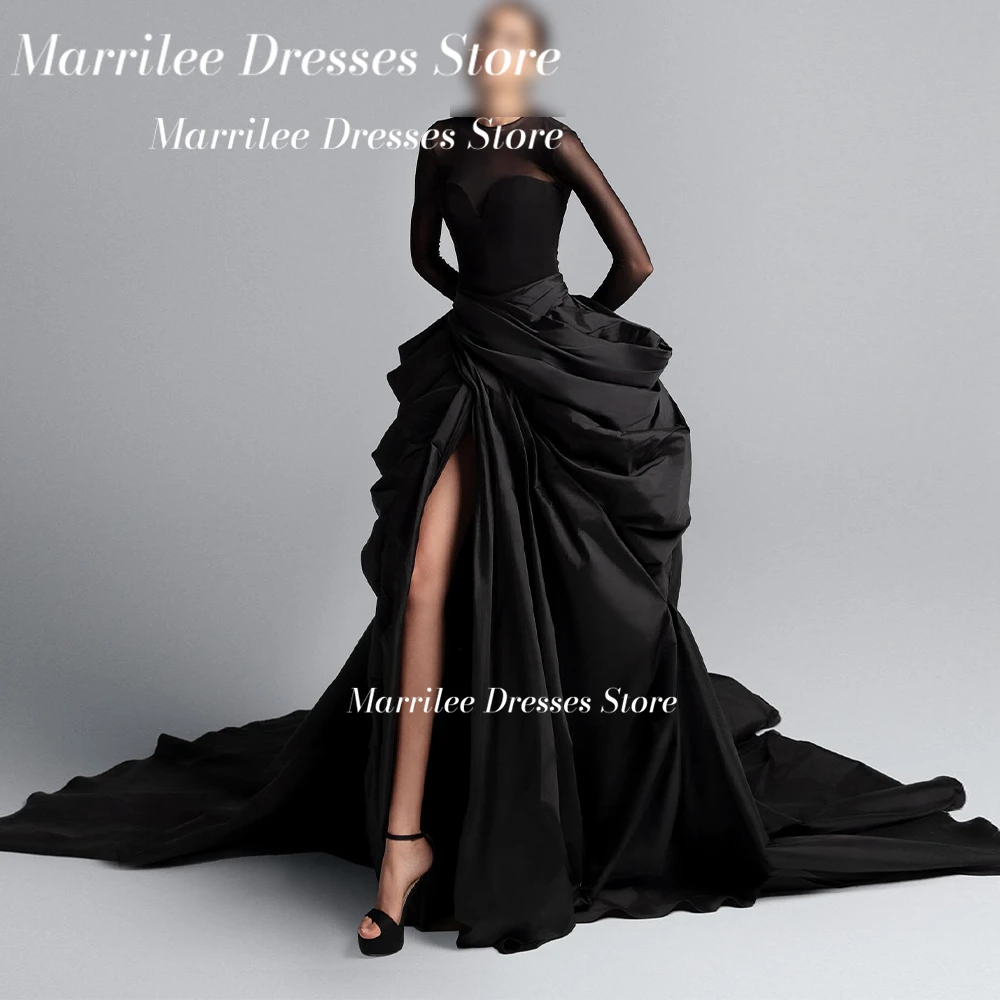 Marrilee Customized A-Line Satin Long Sleeves Panel Train Tiered V Neck See Through Elegant Party Dresses Woman Floor Length