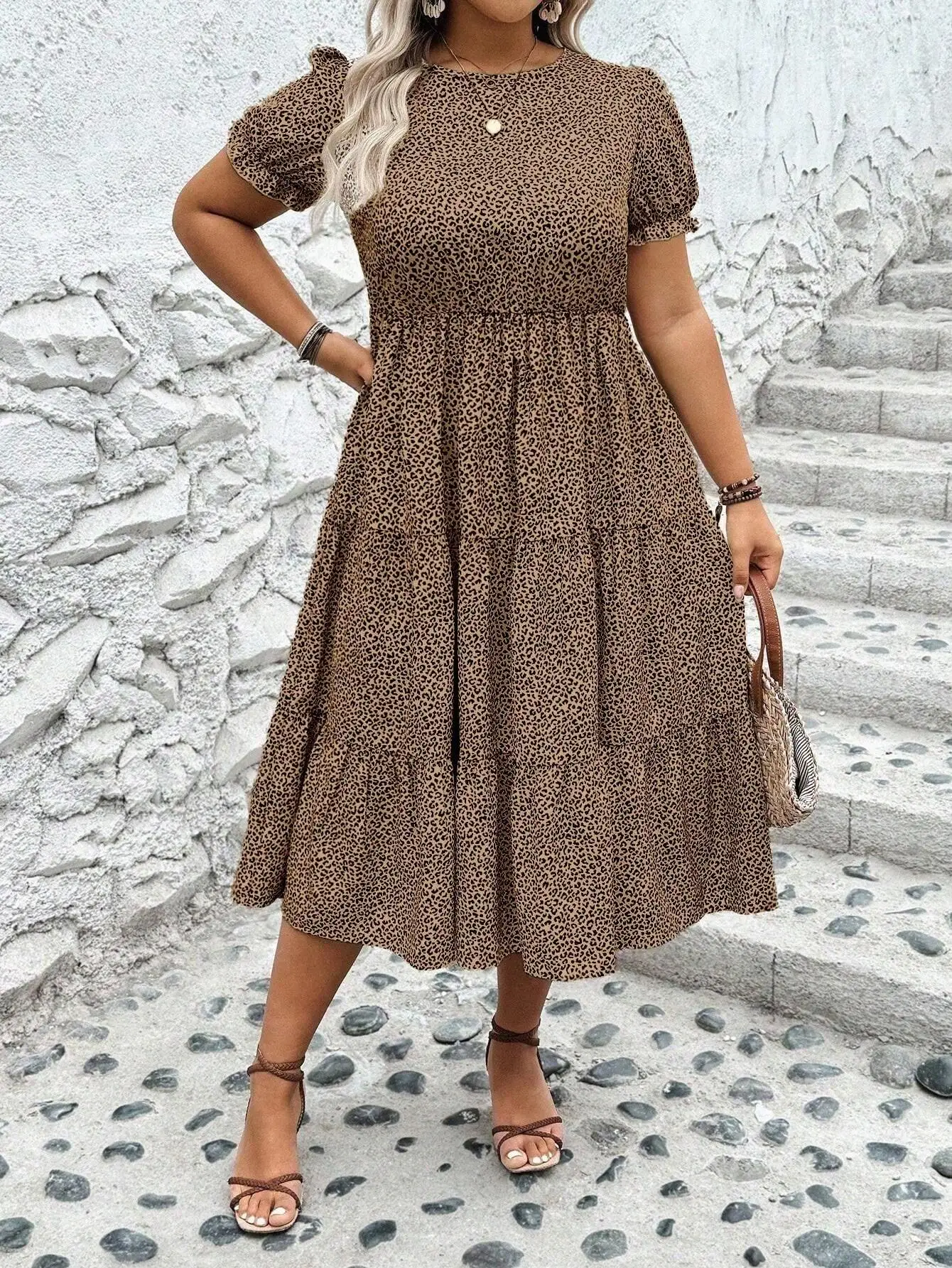 

Boho Leopard Print Ruffle Hem Midi Dress For Women Summer