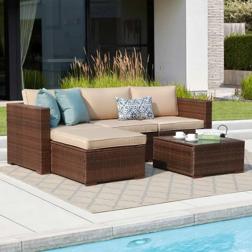 5 Piece Outdoor Patio Furniture Set, Outdoor Segmented Conversation Set, All Weather Brown PE Wicker with Beige Cushions