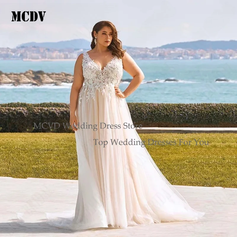 

MCDV Beach Sleeveless Plus Size Wedding Dress V Neck Backless Applique A Line Bridal Gown Custom Made for Bride