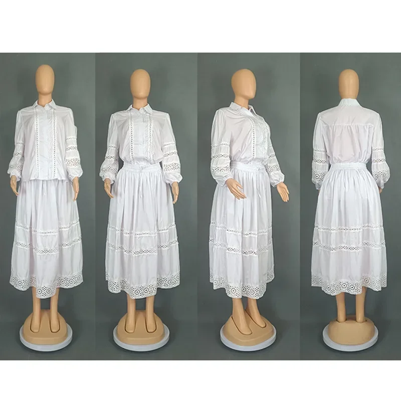 Ensemble jupe en dentelle creuse pour femme, chemise à manches lanternes + taille haute, ligne a, Chic et élégant, nouvelle collection été printemps 2025