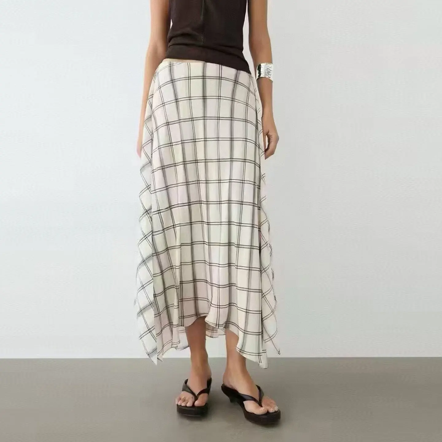ZADATA Women's Asymmetric Midi Skirt 2026 Summer Season Irregular Plaid Standard Fit Ladies mid Waist Other Material Skirts
