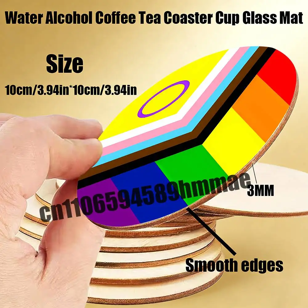 

For Intersex Inclusive Progress Pride Flag LGBTQ Rainbow Safe Person Water Coffee Tea Coaster Cup Glass Mat 10CM Wood Round