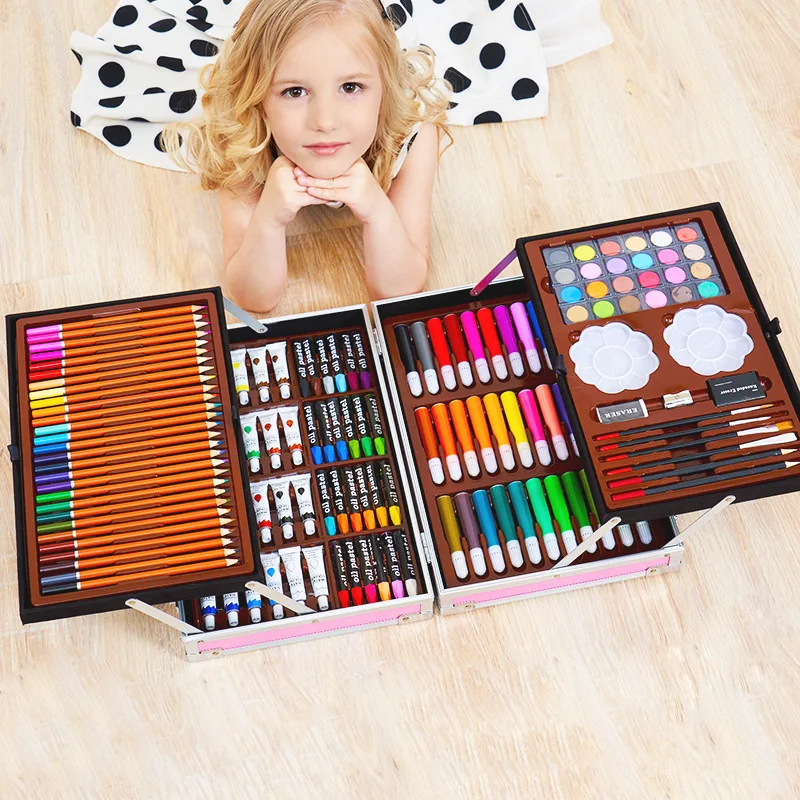200Pcs Brush Crayon Painting Set Children's and Elementary School Supplies Painting Watercolor Pen Aluminum Box Sturdy