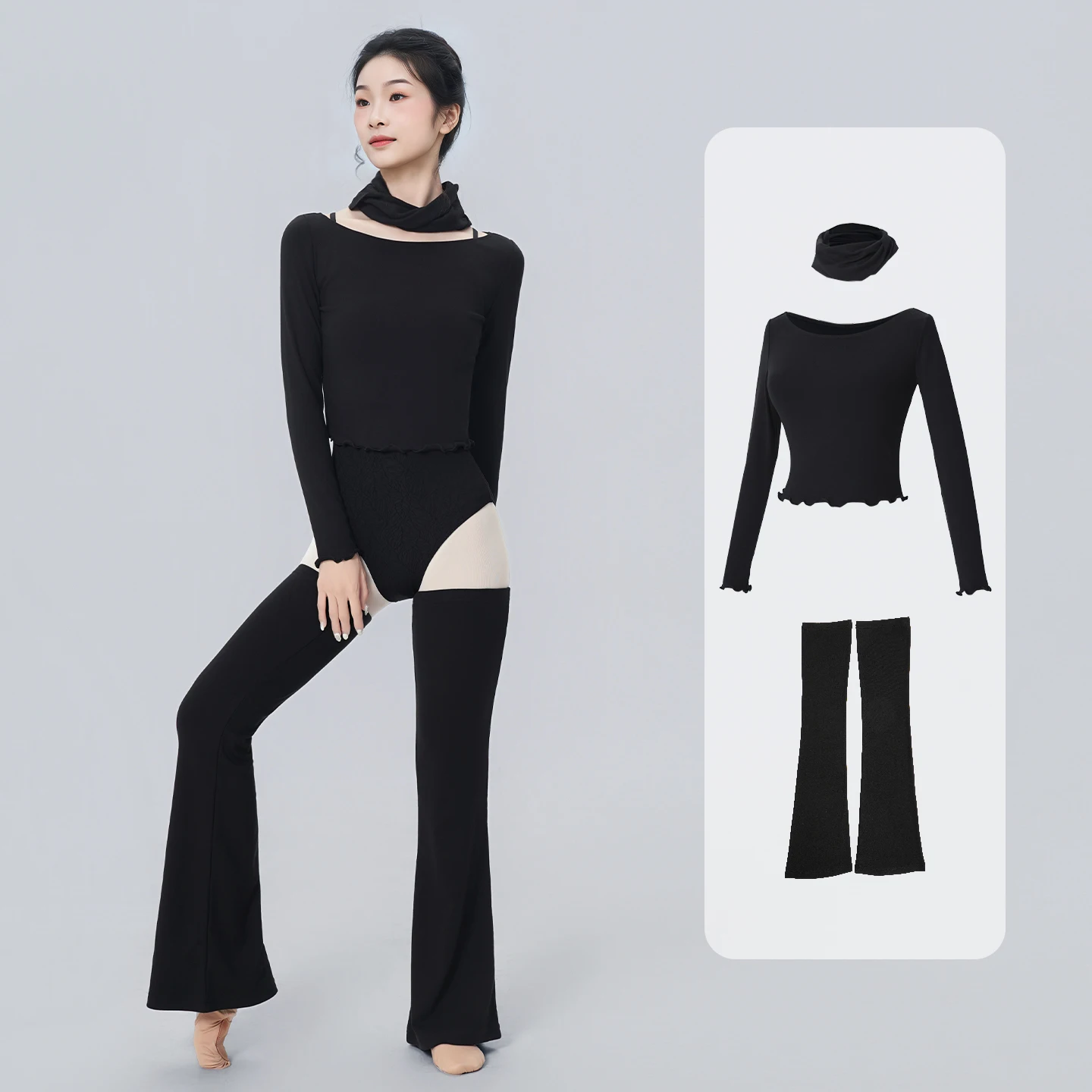 Women Single-sided Fleece Knit Long Sleeves Dance Tops Ballet Leg Warmers Teen Girl Neck Warmers Adult Black Thermal Casual Suit