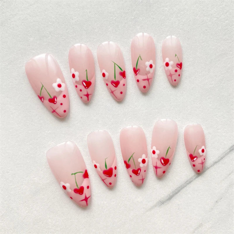10PC Handmade Press On Nails Pink 3D Heart & Floral Lasting Reusable False Nails Supplies Tips Luxury Cute Elegant Almond Design