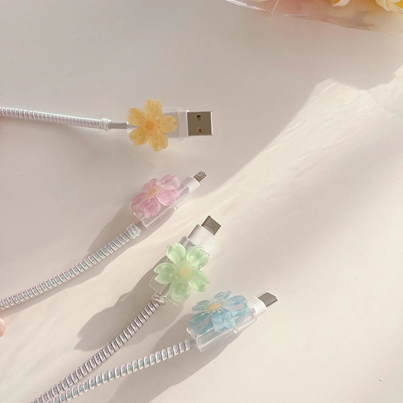 Cartoon 3D Flower Rabbit Bear Ice Cream USB Charger Cable Bites Data Link Cable Box Covers iPhone Android Type C Charging Cover