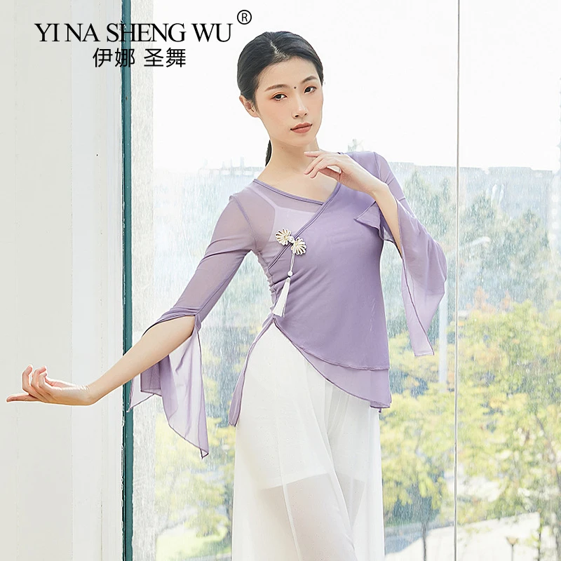 Women Classical Dance Practice Clothes Elegant Ancient Shirt Rhyme Gauze Top Folk Dance Costume Solid Color Long Sleeve Tops New