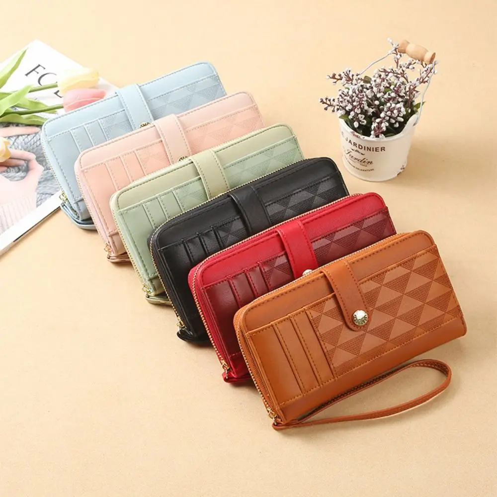 

New Zipper Buckle Long Wallet High-capacity With Wrist Strap Card Bag Multiple Card Slots Grid Pattern Clutch Bag Women