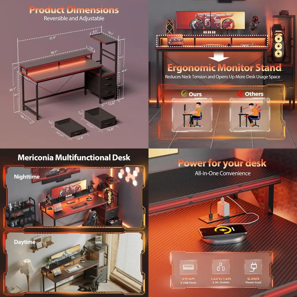 LED-lit, Power Outlet Gaming Desk with Reversible PC Case Stand, Fabric Drawers, and 51 Monitor Shelf