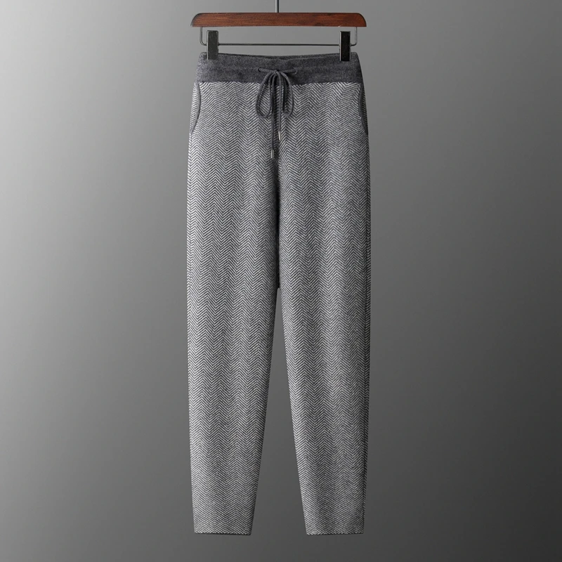 Men 100% Merino Wool Jogger Pants Autumn Winter New Collection Knitted Thick Warm Pencil Pants Casual Fashion Jacquard Trousers