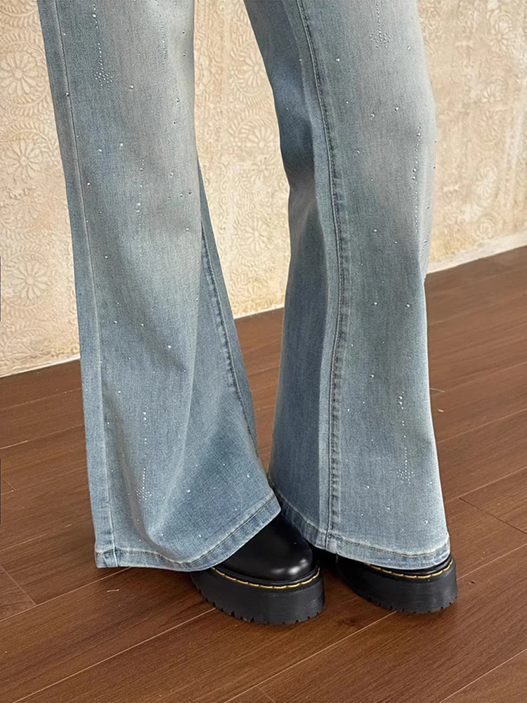 ReddaChic Y2k Rhinestone Jeans for Women Going Out Party Retro Do Old Sparkly High Rise Pockets Bootcut Pants Trendy Streetwear