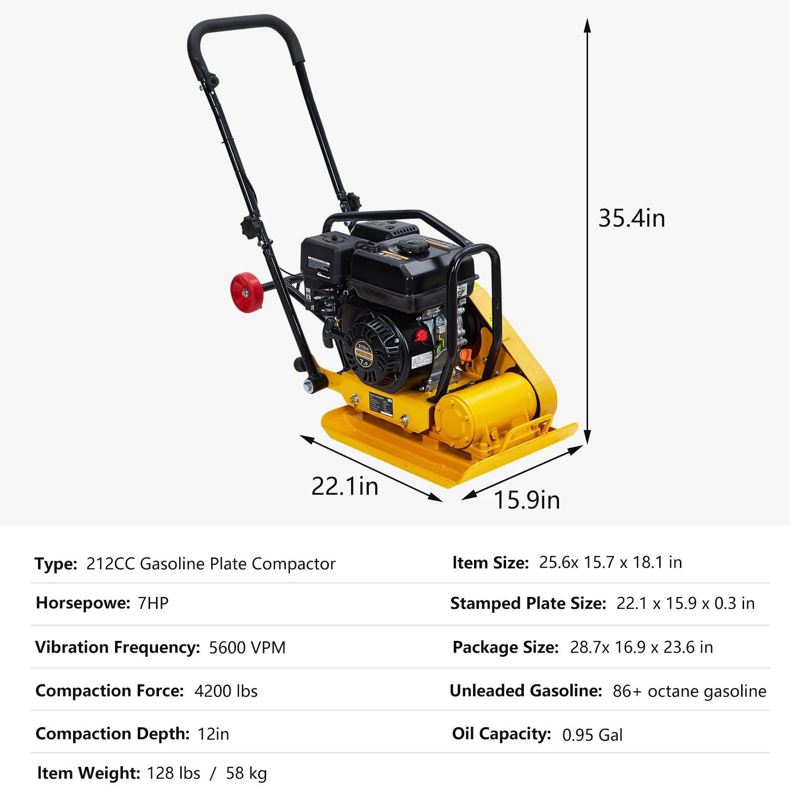 7HP Plate Compactor Rammer, 212CC Gas Engine, 4200lbs Compaction Force Rammer Jumping Jack Tamper, 22.1x15.9 Inch Plate