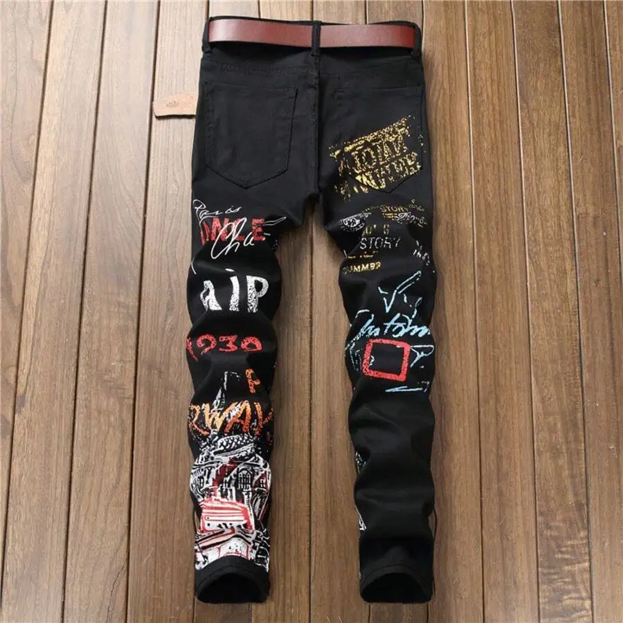 

Mens Black Straight Leg Jeans With Graffiti Print Street Style American Retro Denim Pants