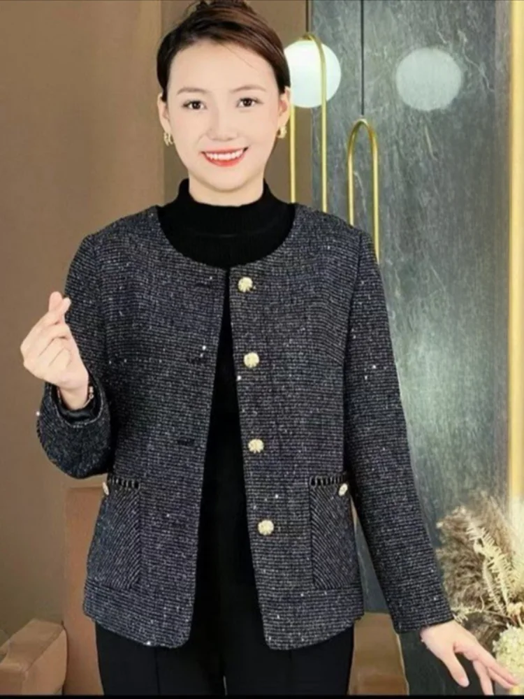 

Casual round Ne Quilted Polyester Fiber Motherly Sle Autumn New Faion Outerwear for Middle-Aged Women Slimming Top
