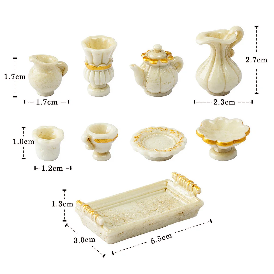 9Pcs New Tea Set European Retro Style Figurine DIY Home Decor Miniature Landscape Fairy Garden Decoration Accessories Modern