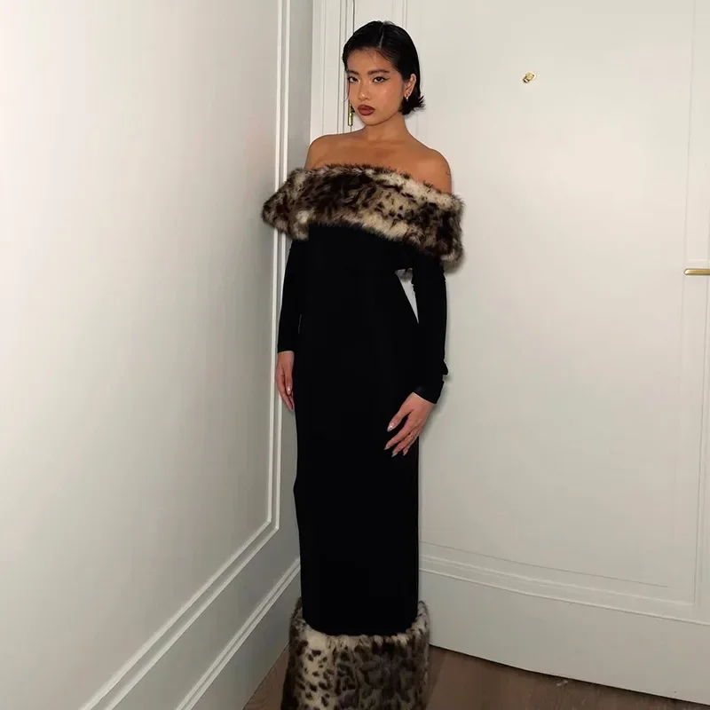 Leosoxs Leopard Print Fluff Splicing Off the Shoulder Long Sleeve Maxi Dress Winter 2024 Sexy Going Out Party Evening Dresses