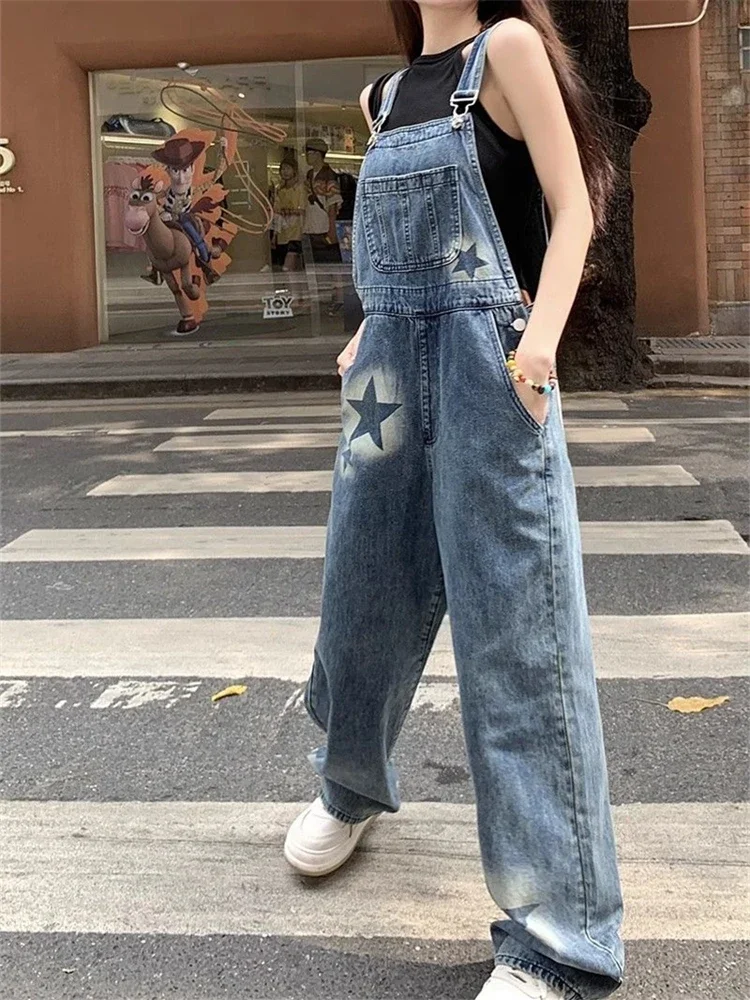 Women's Star Print Blue Overalls Fashion Wide Leg Girl Suspender Jumpsuits Pant Female Streetwear Rompers Straight Denim Trouser