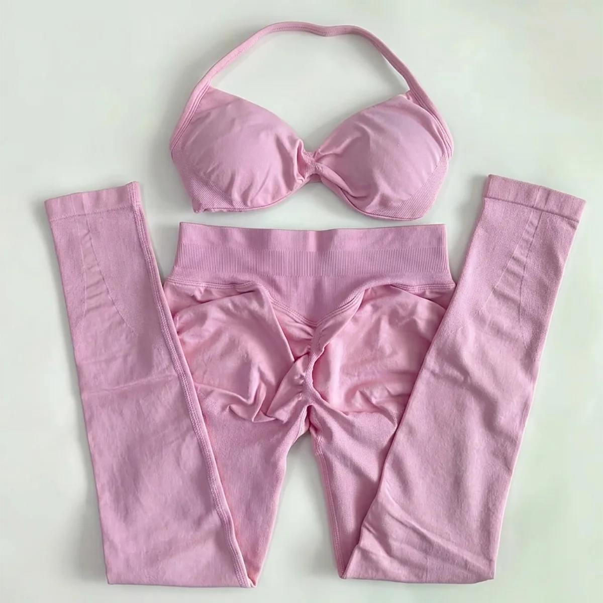 Yoga Tightening 2Pc Seamless Set Strappy Sports Bra and High Waist Scrunch Booty Leggings Solid Color Fitness Workout Outfit