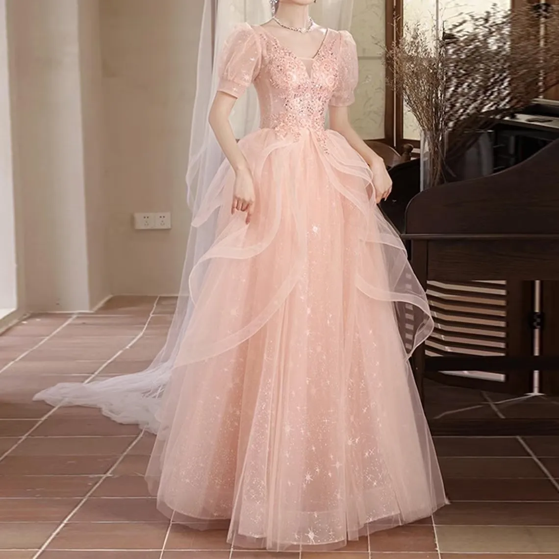 

Fairy Pink Tulle Prom Dress Short Sleevels Ruffles Tulle Sequined Lace Prom Gown Dress A Line Ball Gown Evening Dress Long