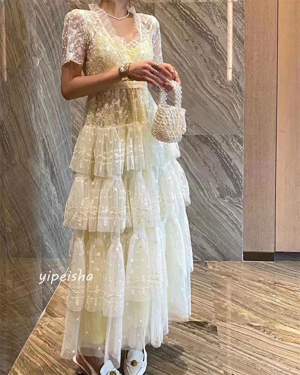 Jiayigong High Quality  Evening   Net Applique Tiered Ruched Clubbing A-line V-neck Bespoke Occasion Gown Midi es