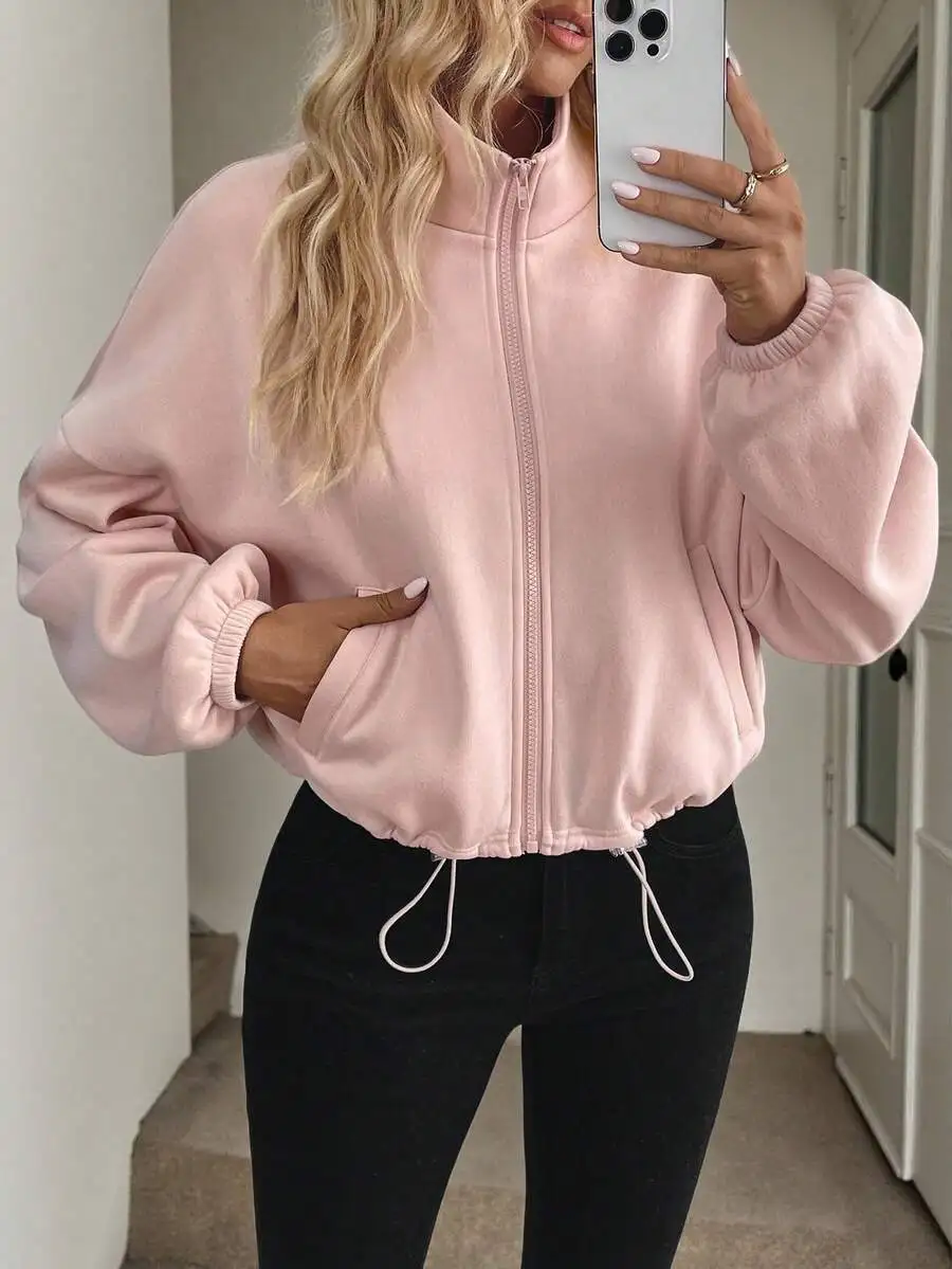

Women's Pink Zip-Up Fleece Jacket with Drawstring Hem, Long Sleeve Casual Stand Collar for Fall Winter