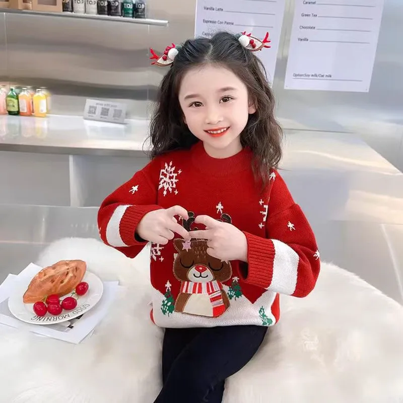 Kids Girls Christmas Deer Pullover Sweater 2024 Autumn/Winter New Snowflake Knitwear Baby Fashion Sweater Winter Clothing