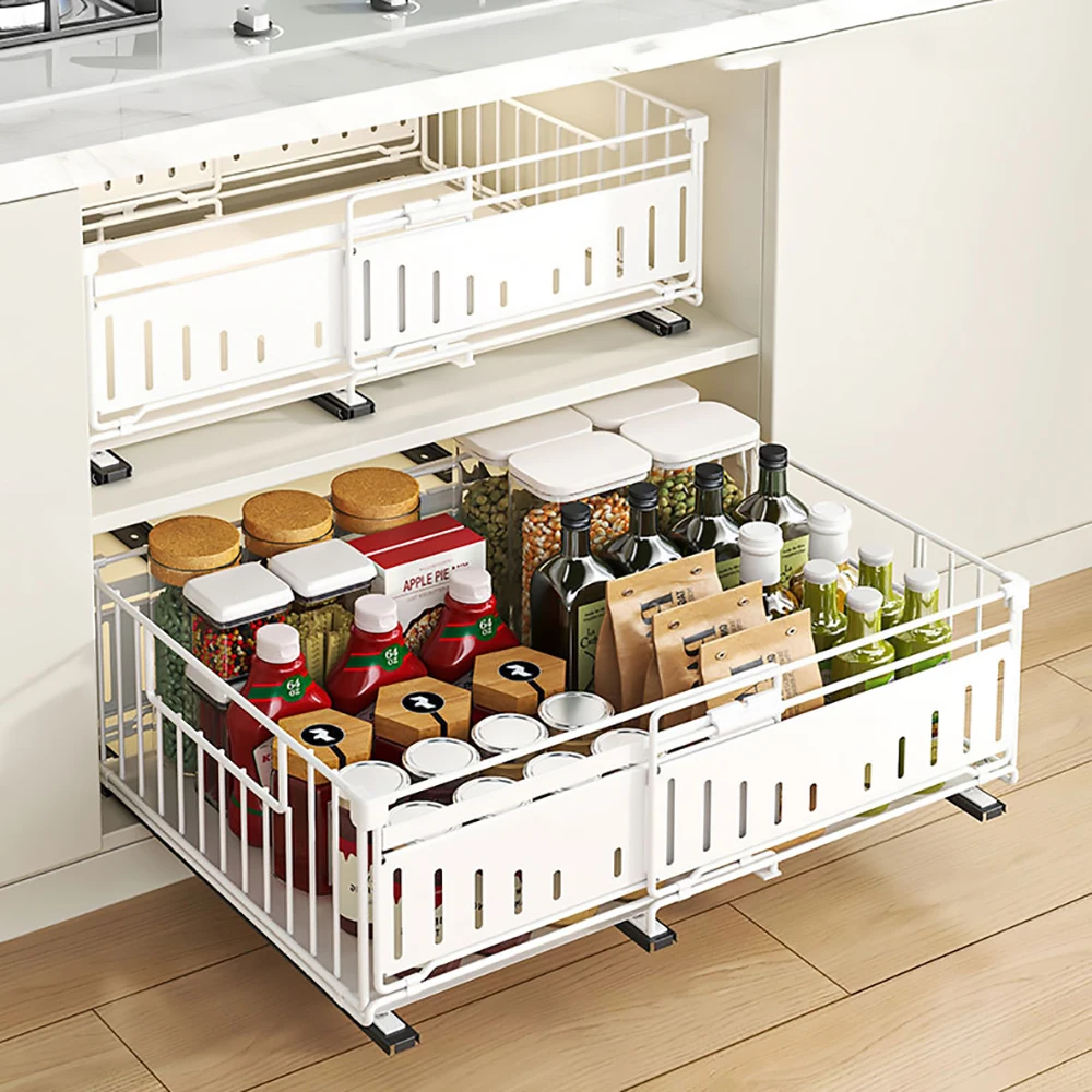 Organisateur de placard extensible coulissant silencieux pour cuisine, tiroir de rangement avec étagères réglables pour garde-manger sous évier 32-50cm