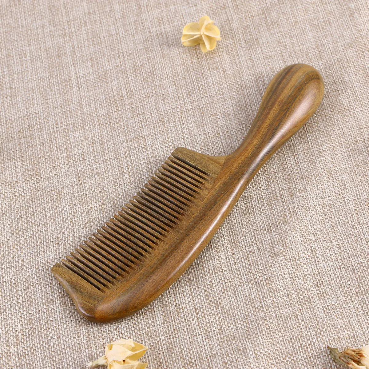 Green Sandalwood Wooden Comb Thick Handle Close Teeth Hair Care Scalp Massage Anti-Static Wooden Beard Comb Travel Use