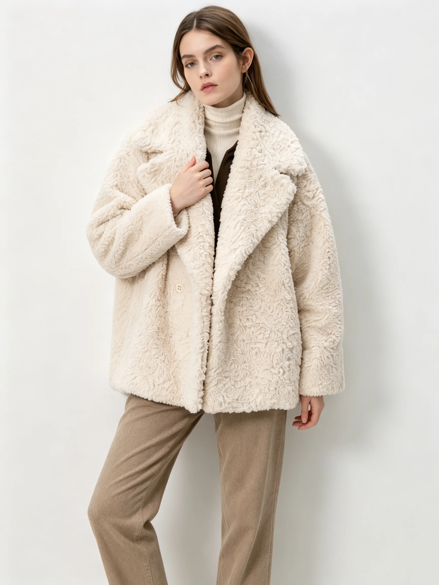 LIMO Women Notched Lapel Loose Teddy Coat Single Button Long Sleeve Warm Fleece Winter Jacket