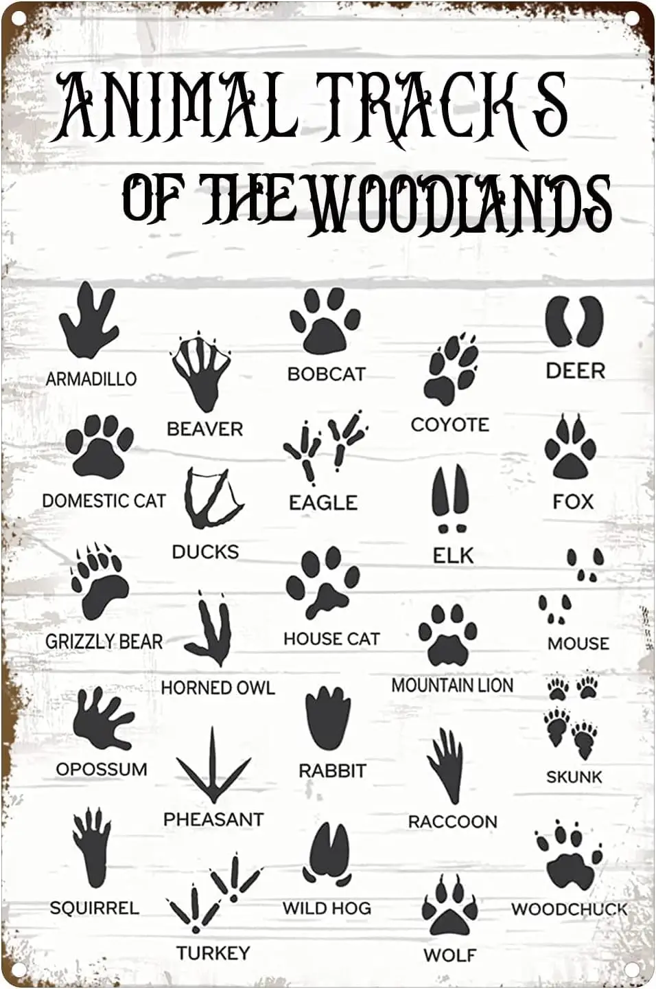 Animal Tracks Field Guide Metal Tin Sign,Animal Tracks Wall Decor Country Woodland Theme House Decor Farmhouse Cabin Metal Signs