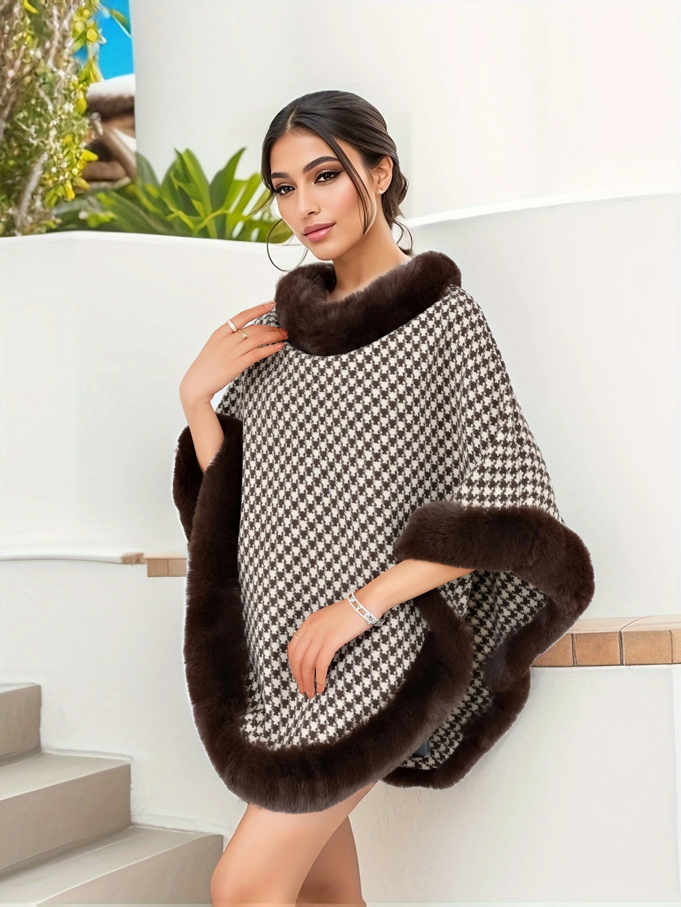 المرأة تقليد الفراء جولة الرقبة سميكة منقوشة المشارب عارضة نمط الخريف والشتاء المرأة السترة الرأس