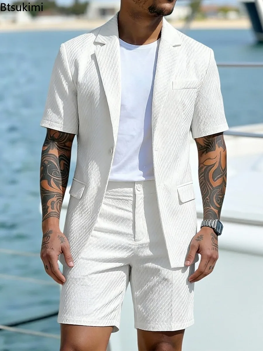 

Men's Light Business Short Sleeved Suit Summer British Style Solid Male Outfit Slim Breathable Business Wedding Man 2-piece Suit