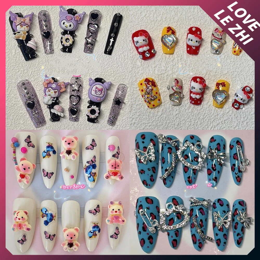 

Spice Girl Y2K Cartoon Anime Handmade Long Coffin Stiletto False Nail Diamond Pearl Bow Bear French Reusable Nail Party Sticker